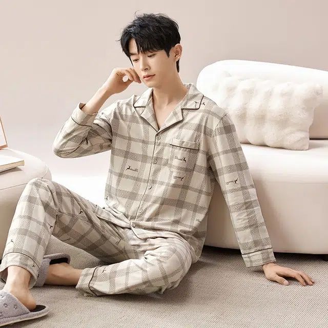 俏韵 翻领春秋季款简约印花长袖休闲开衫薄款家居服可外穿睡衣套装 男款