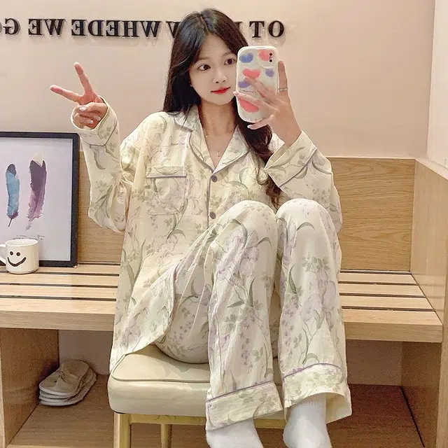 俏韵 翻领薄款云朵棉长袖带胸垫开衫休闲家居服可外穿睡衣套装 女款