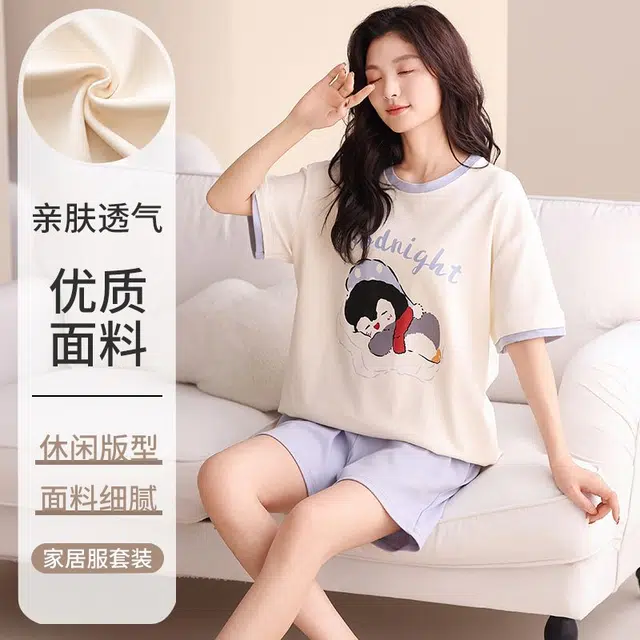 俏韵 圆领卡通企鹅夏季甜美可爱短袖短裤休闲舒适薄款家居服可外穿睡衣套装 女款