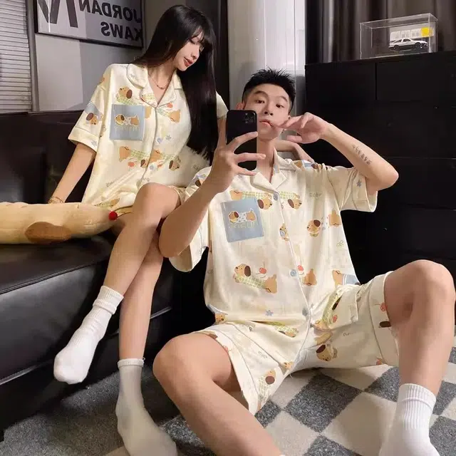 俏韵 翻领卡通腊肠狗短袖舒适家居服可外穿夏季睡衣套装 男女同款 图片色