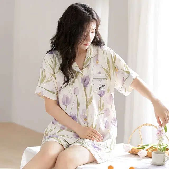 俏韵 翻领舒适甜美短袖三分裤薄款家居服可外穿夏季睡衣套装 女款