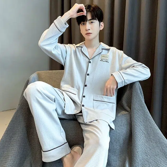 俏韵 翻领秋春季长袖长裤开衫休闲简约薄款舒适家居服可外穿睡衣套装 男款