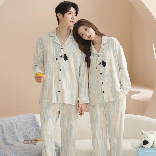 俏韵 翻领卡通春秋季纯棉长袖长裤甜美时尚舒适高级家居服可外穿睡衣套装 男女同款