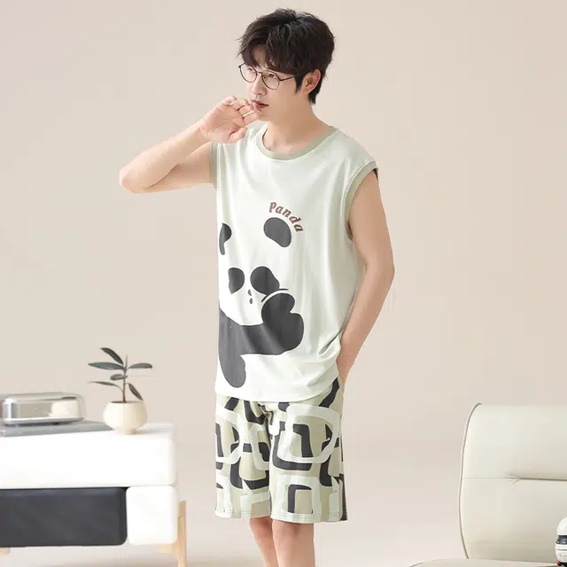 俏韵 卡通熊猫无袖背心五分裤休闲家居服睡衣套装 男款