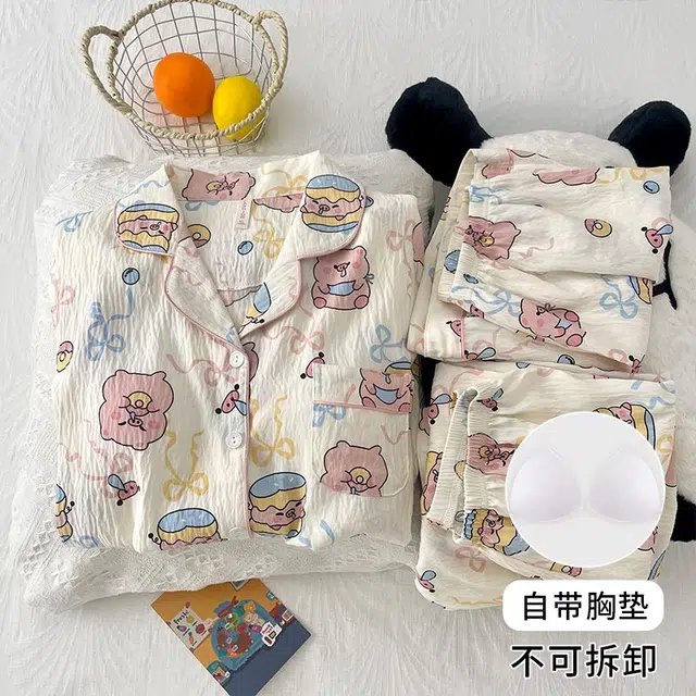 俏韵 翻领卡通夏季云朵棉带胸垫甜美短袖三件套休闲舒适薄款家居服可外穿睡衣套装 女款