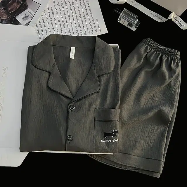 俏韵 翻领夏季云朵棉双短两件套简约纯色刺绣开衫薄款家居服可外穿睡衣套装 男款