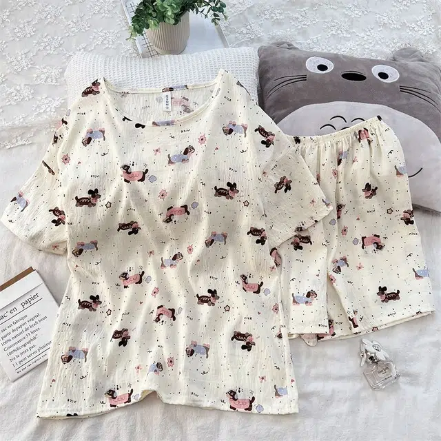 俏韵 圆领卡通腊肠狗夏季云朵棉甜美条纹可爱短袖短裤舒适薄款家居服可外穿睡衣套装 女款