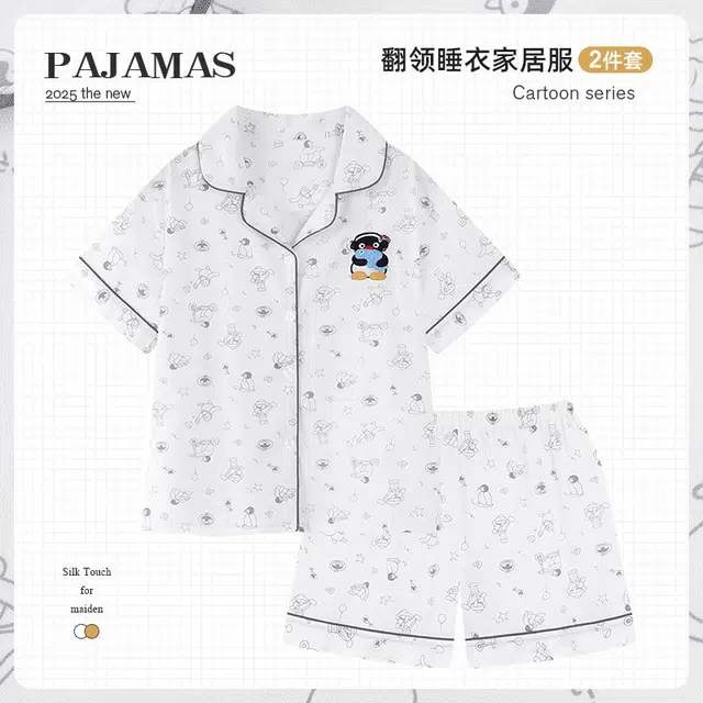 俏韵 翻领卡通企鹅短袖三分裤薄款可爱家居服可外穿夏季睡衣套装 女款