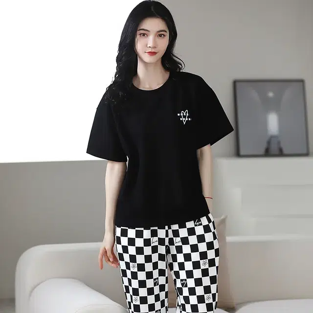 俏韵 舒适柔软爱心格子短袖长裤家居服睡衣套装 女款