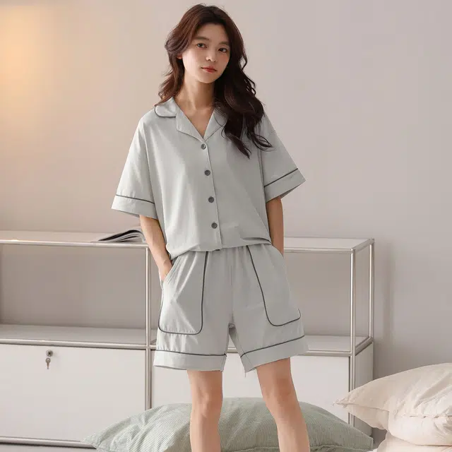 俏韵 翻领夏季款纯棉舒适简约短袖甜美可爱薄款家居服可外穿睡衣套装 女款