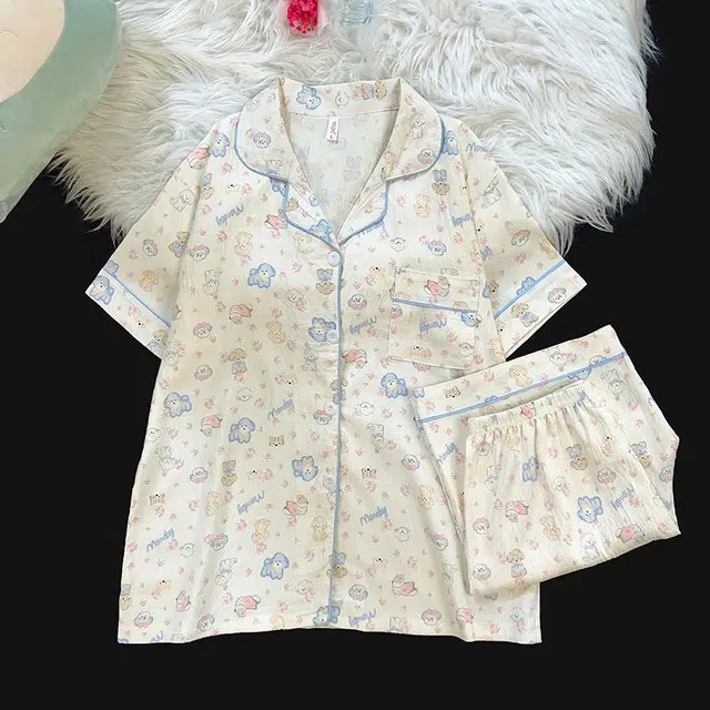 俏韵 翻领卡通狗狗夏季云朵棉甜美可爱亲肤短袖短裤薄款家居服可外穿睡衣套装 女款