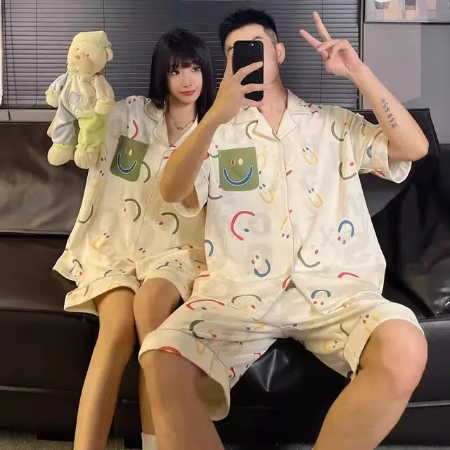 俏韵 翻领卡通笑脸短袖舒适凉爽家居服可外穿夏季睡衣套装 男女同款 图片色