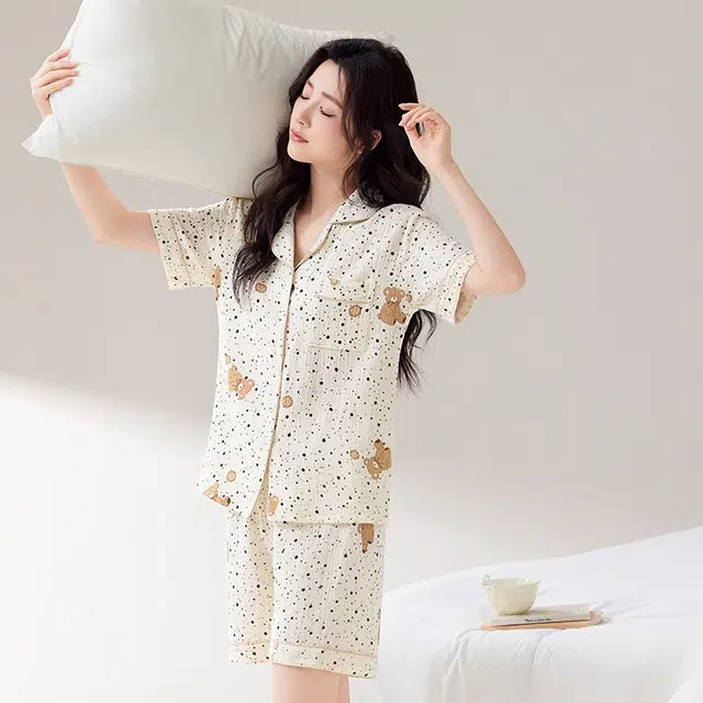 俏韵 翻领卡通夏季纯棉甜美可爱短袖舒适薄款家居服可外穿睡衣套装 女款