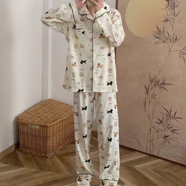 俏韵 翻领卡通小狗春秋季长袖长裤甜美印花可爱薄款家居服可外穿睡衣套装 女款