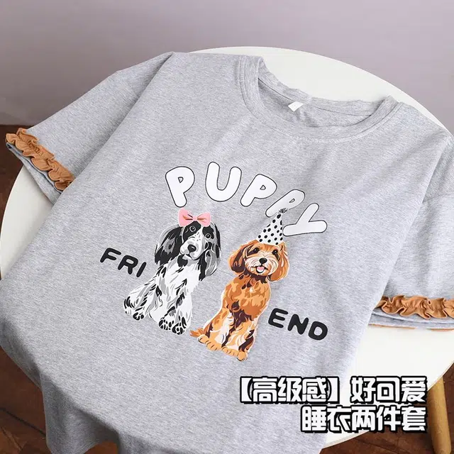 俏韵 圆领卡通短袖可爱甜美带胸垫家居服可外穿三分裤夏季睡衣套装 女款