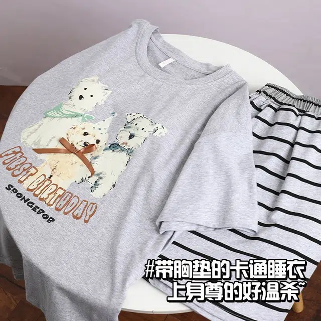 俏韵 圆领卡通短袖可爱套头带胸垫家居服可外穿睡衣套装 女款