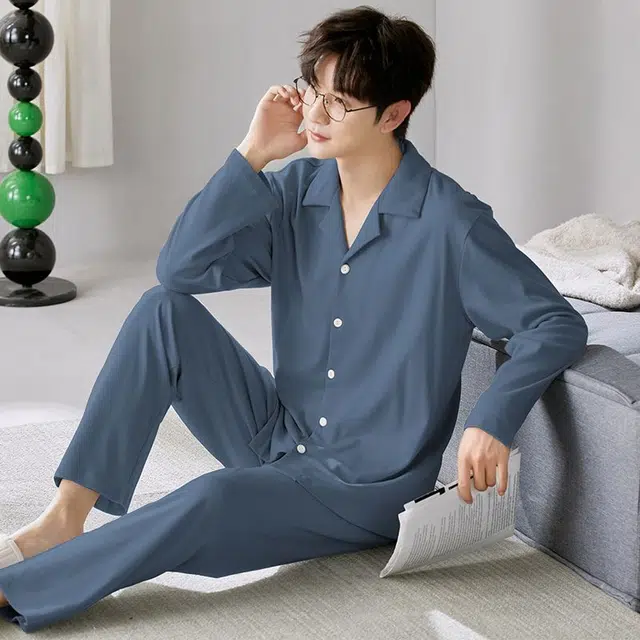 俏韵 翻领春秋季长袖长裤开衫休闲简约薄款舒适家居服可外穿睡衣套装 男款