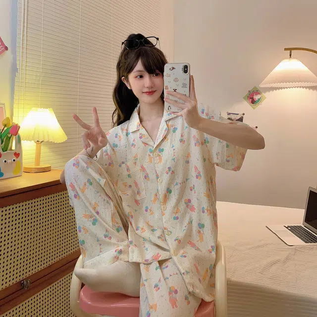 俏韵 翻领卡通短袖三件套开衫宽松甜美家居服可外穿睡衣套装 女款