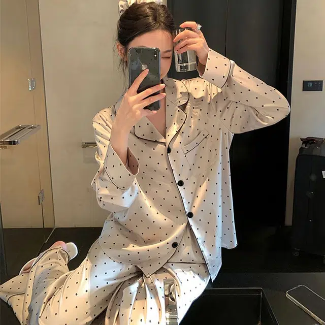 俏韵 翻领春秋季简约波点甜美可爱长袖长裤开衫休闲舒适薄款家居服可外穿睡衣套装 女款