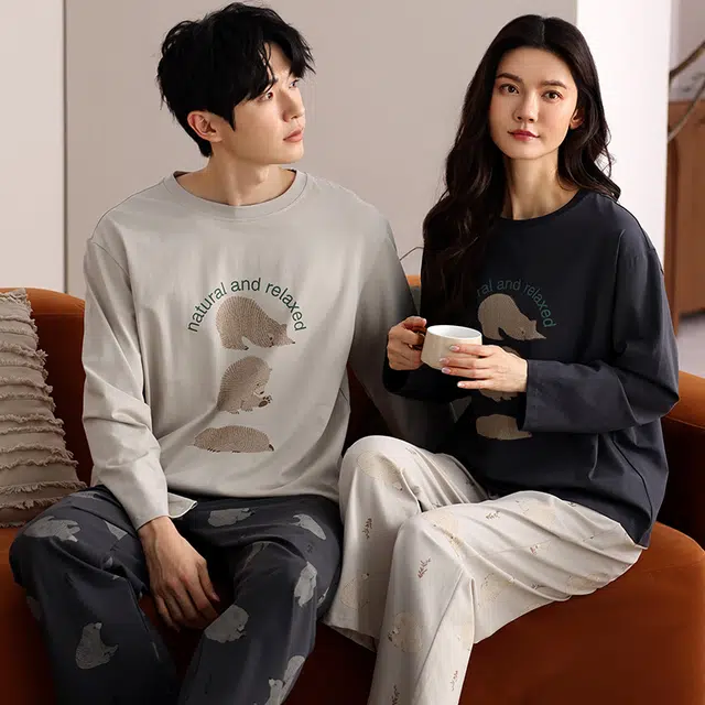 俏韵 休闲舒适长袖简约长裤家居服可外穿睡衣套装 男女同款