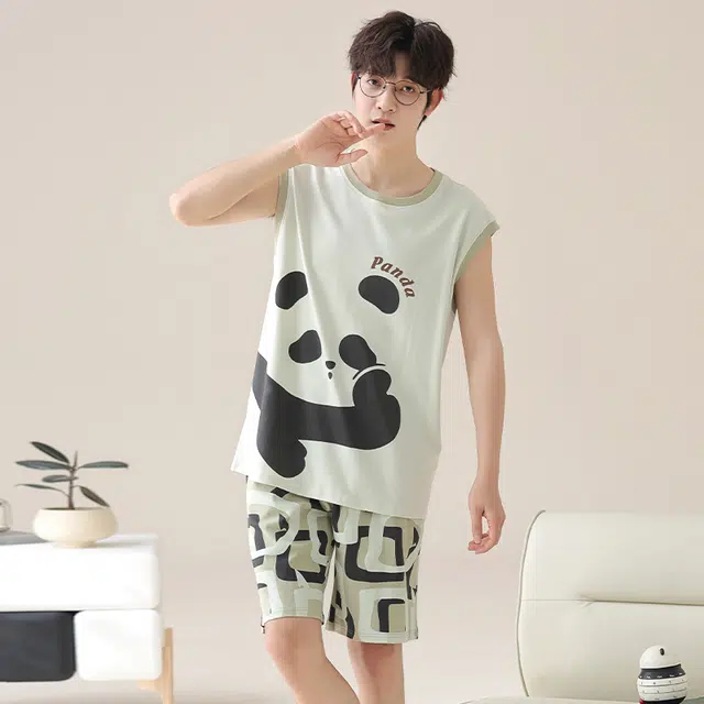 俏韵 卡通熊猫无袖背心五分裤休闲家居服睡衣套装 男款