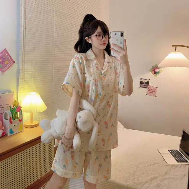 俏韵 翻领卡通短袖三件套开衫宽松甜美家居服可外穿睡衣套装 女款