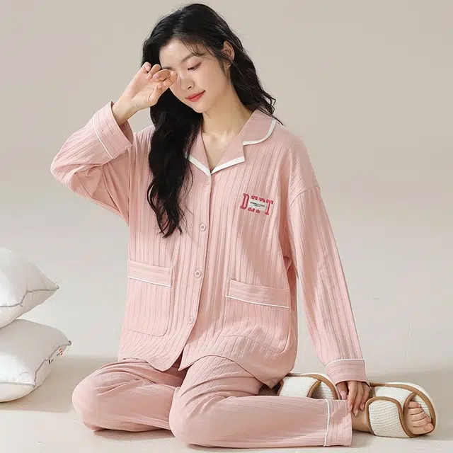 俏韵 翻领春秋季简约风长袖开衫甜美可爱休闲舒适薄款家居服可外穿睡衣套装 女款