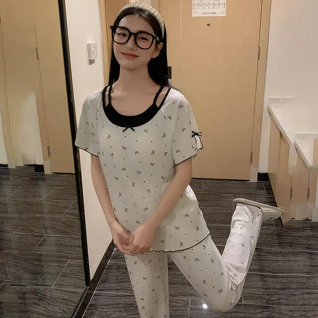 俏韵 甜美短袖三件套舒适带胸垫家居服可外穿睡衣套装 女款