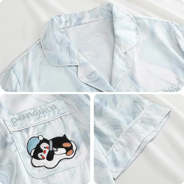 俏韵 翻领卡通企鹅短袖三分裤凉感家居服可外穿夏季睡衣套装 男女同款