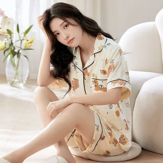 俏韵 翻领卡通甜美短袖三分裤薄款家居服可外穿夏季睡衣套装 女款