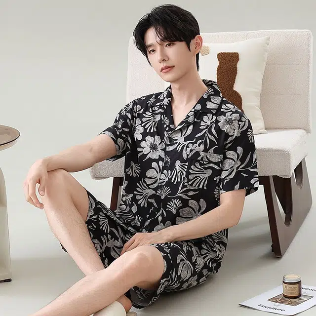 俏韵 翻领夏季冰雪丝短袖短裤宽松时尚简约大码薄款家居服可外穿睡衣套装 男款