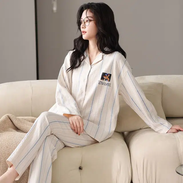 俏韵 翻领春秋季款长袖甜美可爱休闲舒适薄款家居服可外穿睡衣套装 女款