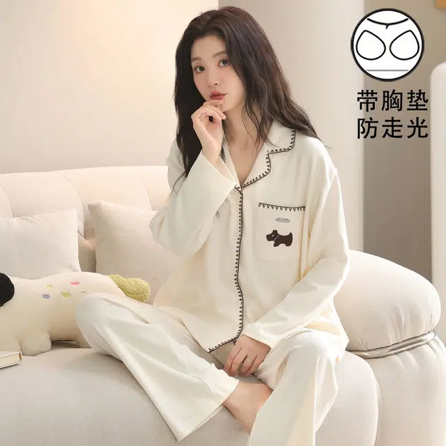 俏韵 翻领春秋季简约风长袖长裤休闲甜美可爱薄款舒适家居服可外穿 睡衣套装 女款