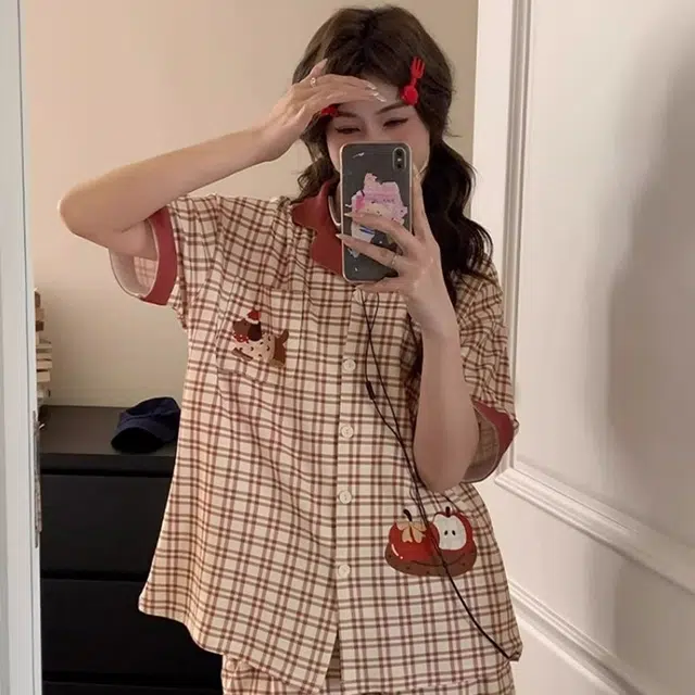 俏韵 翻领夏季苹果腊肠狗日系格子短袖短裤卡通夏天薄款家居服可外穿睡衣套装 女款