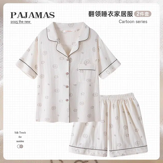 俏韵 翻领卡通可爱休闲短袖三分裤薄款家居服可外穿夏季睡衣套装 女款