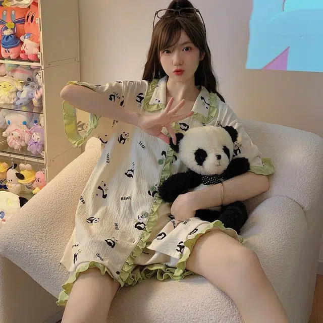 俏韵 翻领短袖可爱花边熊猫休闲居家服外穿睡衣套装 女款 白色