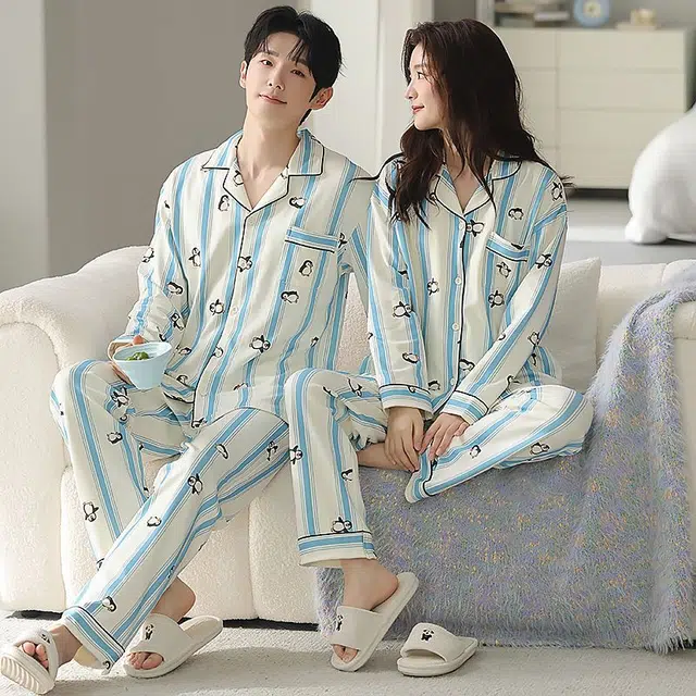 俏韵 翻领卡通条纹印花春秋季长袖长裤甜美可爱舒适家居服可外穿睡衣套装 男女同款