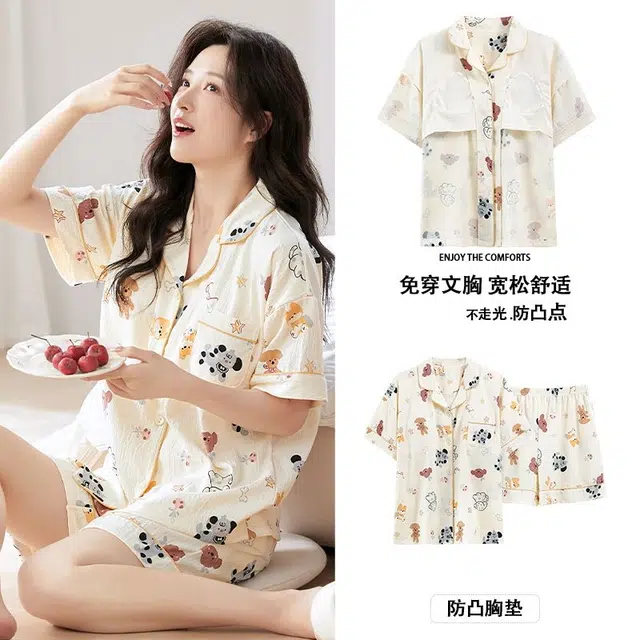 俏韵 翻领卡通甜美风短袖三分裤薄款家居服可外穿夏季睡衣套装 女款