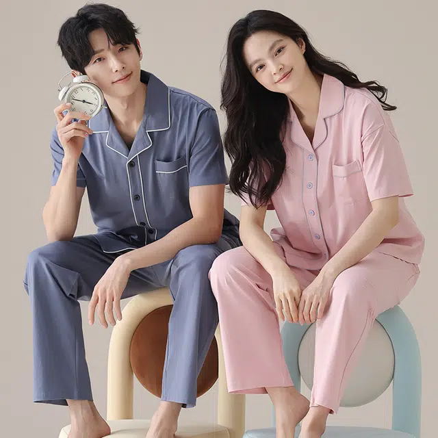 俏韵 翻领简约舒适短袖休闲长裤睡衣套装 男女同款