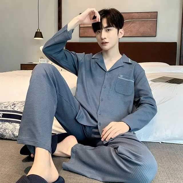 俏韵 翻领秋春季长袖长裤开衫休闲简约风薄款舒适家居服可外穿睡衣套装 男款