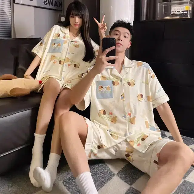 俏韵 翻领卡通腊肠狗短袖舒适家居服可外穿夏季睡衣套装 男女同款 图片色