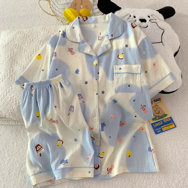 俏韵 翻领卡通夏季云朵棉甜美可爱亲肤短袖短裤薄款家居服可外穿睡衣套装 女款