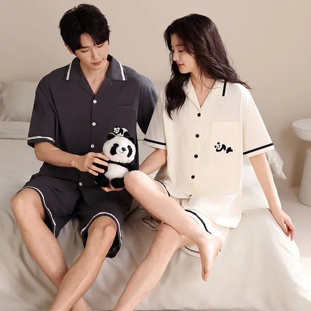 俏韵 翻领可爱熊猫短袖家居服可外穿三分裤夏季睡衣套装 男女同款