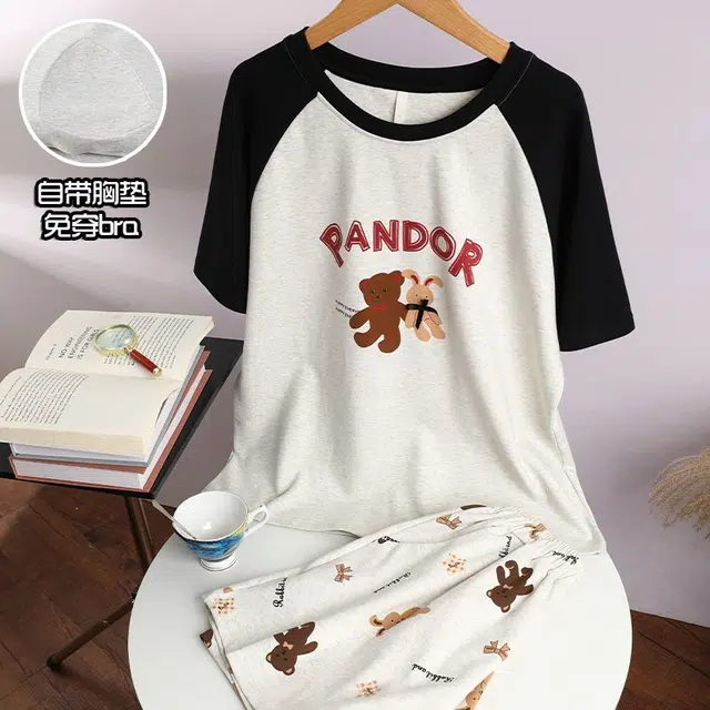 俏韵 圆领卡通短袖可爱短裤套头带胸垫家居服可外穿睡衣套装 女款