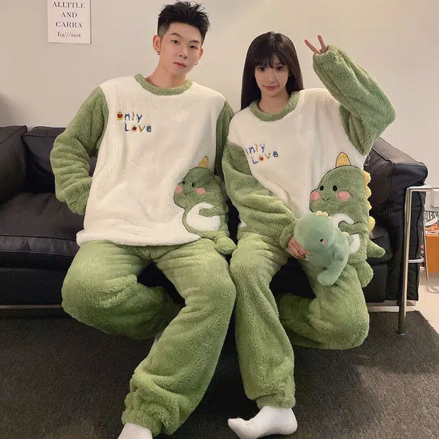 俏韵 圆领卡通小恐龙冬季加绒保暖简约长袖长裤甜美可爱舒适家居服可外穿睡衣套装 男女同款