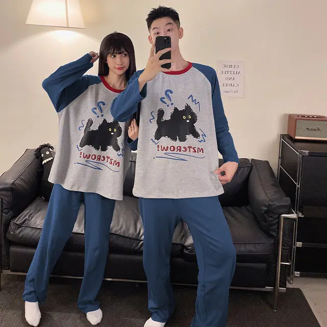 俏韵 圆领卡通春秋季简约长袖长裤甜美印花可爱舒适家居服可外穿睡衣套装 男女同款