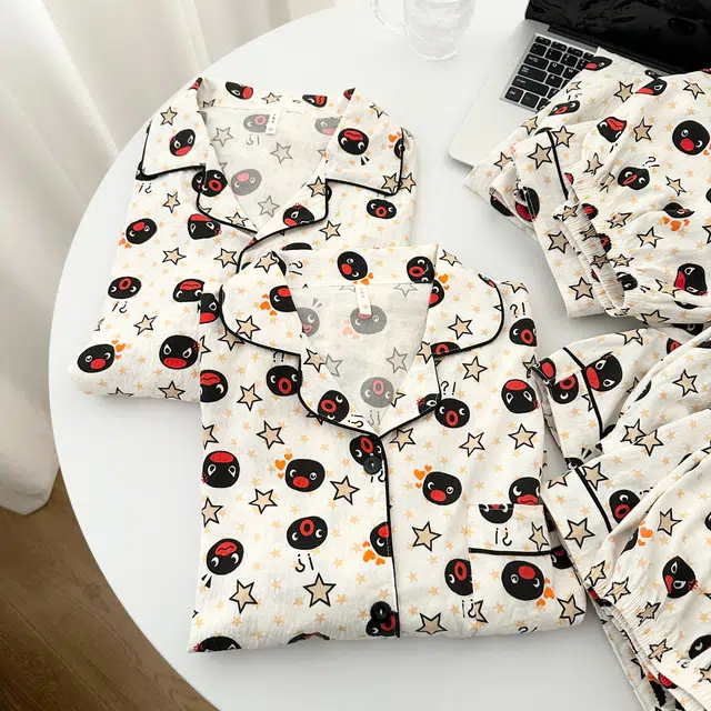 俏韵 翻领卡通夏季云朵棉舒适短袖三件套甜美薄款凉感家居服可外穿睡衣套装 女款