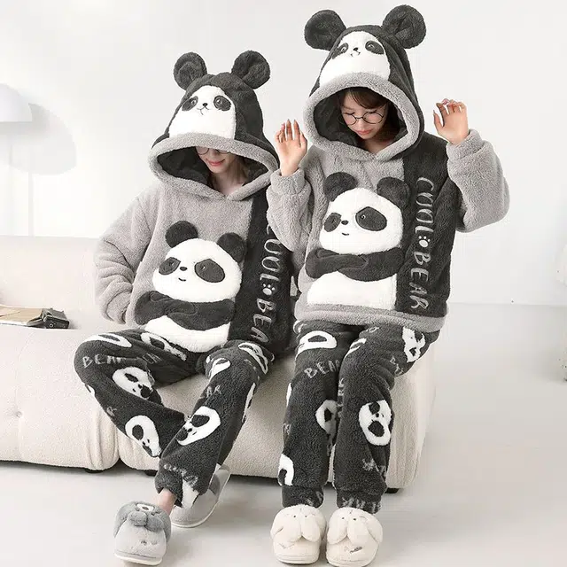 俏韵 连帽卡通熊猫冬季加绒保暖长袖长裤甜美印花可爱舒适家居服可外穿睡衣套装 男女同款