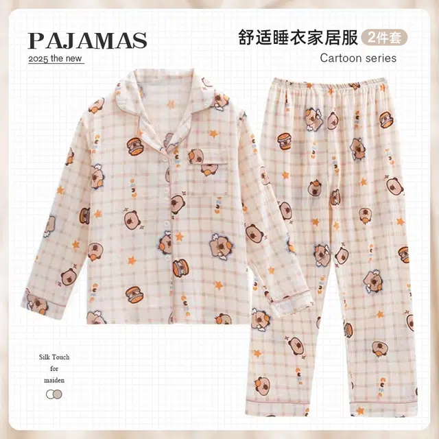 俏韵 翻领卡通卡皮巴拉春秋季云朵棉舒适长袖长裤甜美可爱薄款家居服可外穿睡衣套装 女款