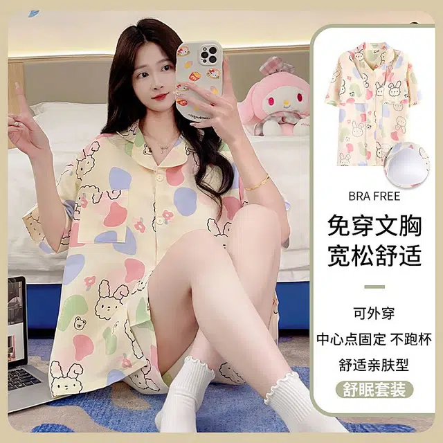 俏韵 翻领卡通舒适凉感短袖甜美薄款家居服可外穿睡衣套装 女款